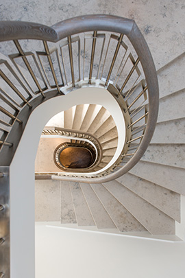 Looking down through the centre of the helical staircase