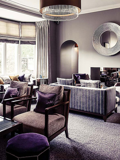 Rothay Garden Hotel, Grasmere, Ambleside by Karen Walker Interiors. This Lake District Hotel was given a make-over which has brought it stylishly up to date with sophisticated, slightly moody colour schemes in plums and greys with bold lines.