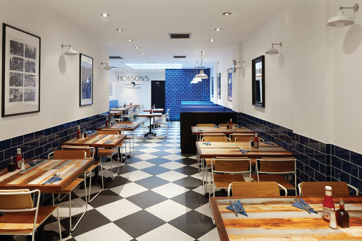 Hobson's Fish & Chips by Avocado Sweets, London. - This 50-seater restaurant and take-away in Bayswater combines the simplicity of the sea with the elegance of the city. A modest nautical blue and white colour-scheme combined with traditional and vintage.