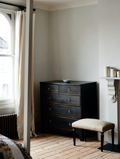 Bedroom, late Victorian house, Peckham Rye by Cassandra Ellis - Pale stripped floorboards with natural hessians and linens and walls in Farrow & Ball French Grey Pale.